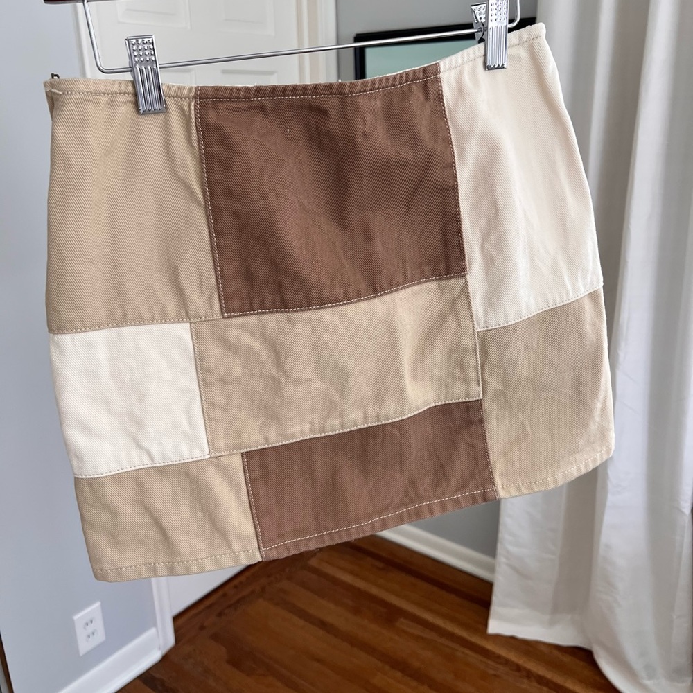 PacSun Cream and Brown A-line Patchwork Mini Skirt